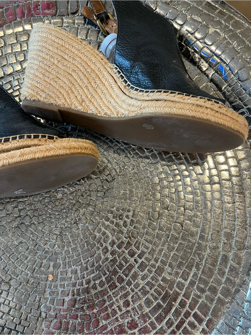 Like New Women's black leather wedge slides with back buckle - summer/fall sz11